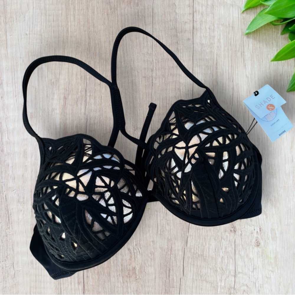 Shade & Shore 36B Black METALLIC Copper Gold Padded Racerback Tie Bikini Top NWT
